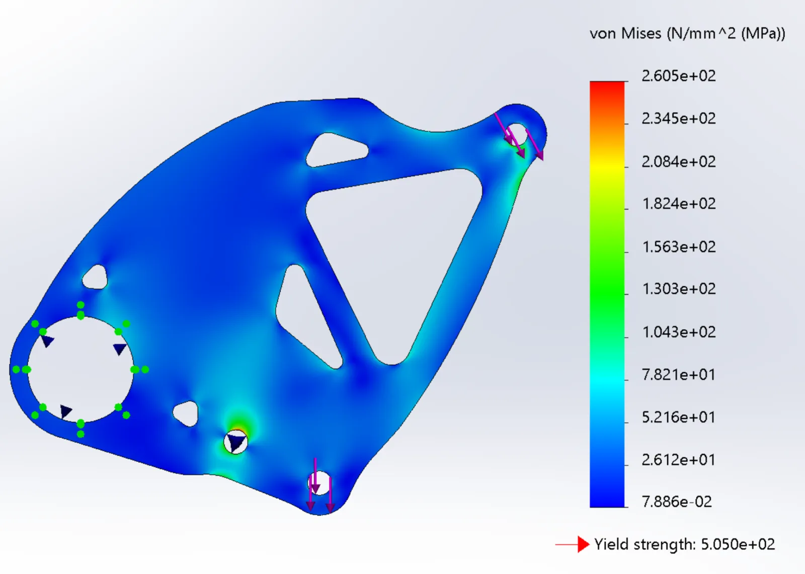 FEA stress plot of the front bellcrank plate